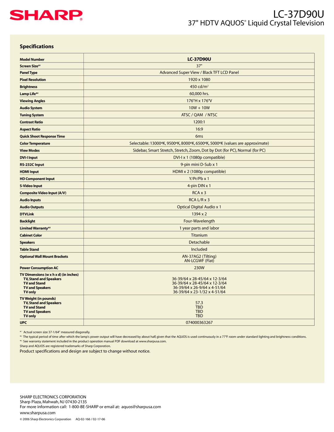 Sharp LC-37D90U manual Specifications 