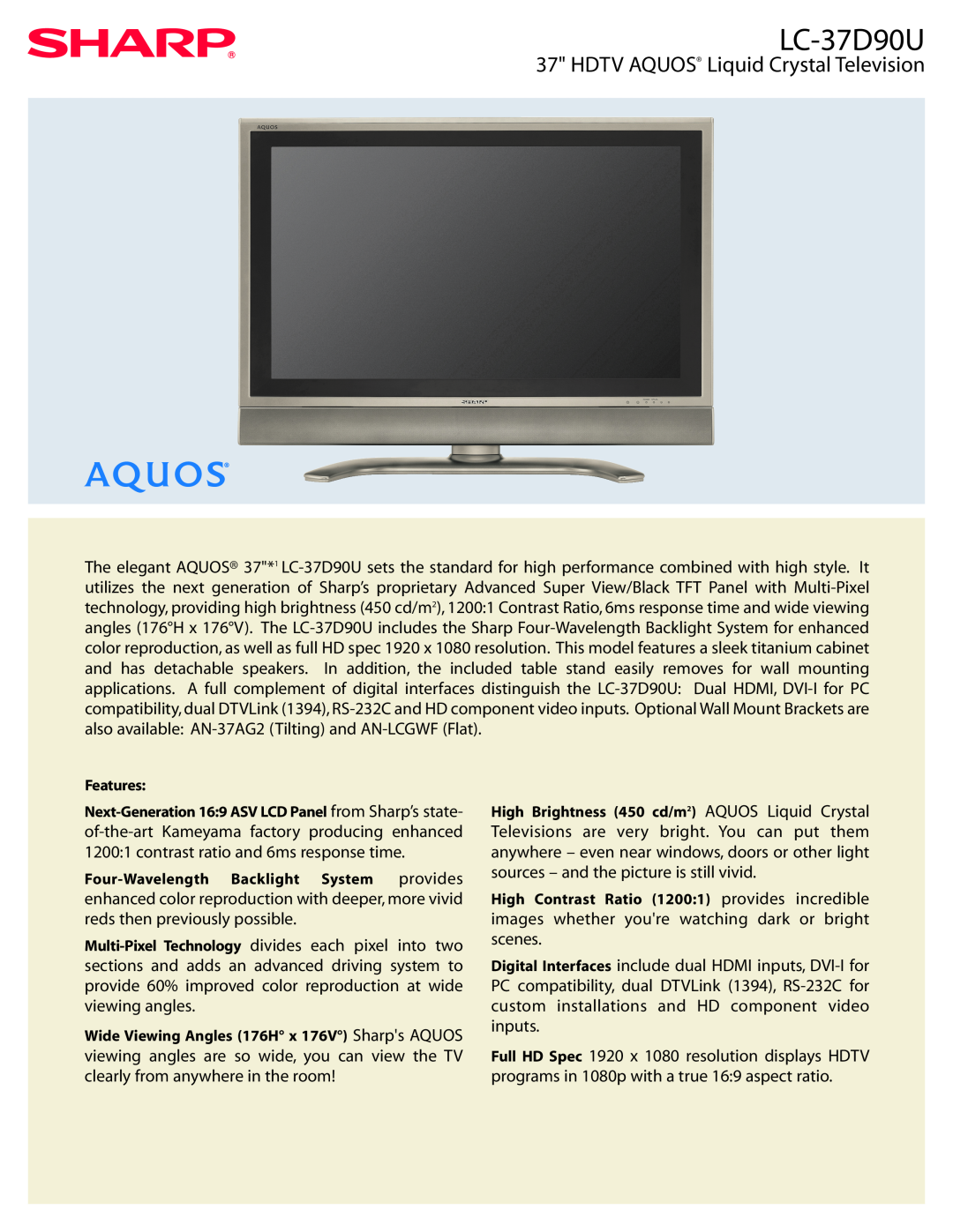 Sharp LC-37D90U manual HDTV AQUOS Liquid Crystal Television 