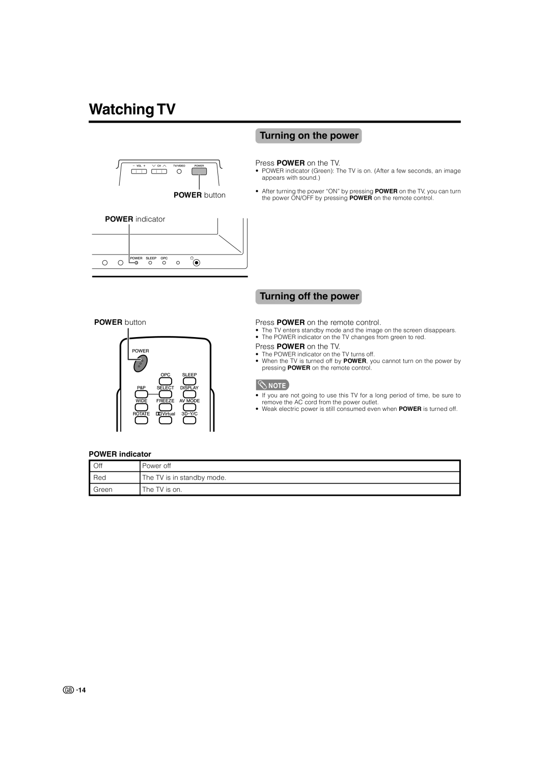 Sharp LC-32GA4X, LC-37GA4X Watching TV, Turning on the power, Turning off the power, Power button, Power indicator 