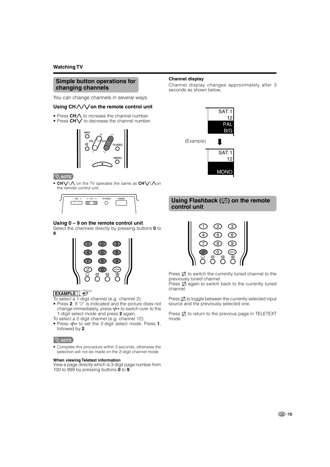 Sharp LC-37GA4X Simple button operations for changing channels, Using Flashback a on the remote control unit, Watching TV 