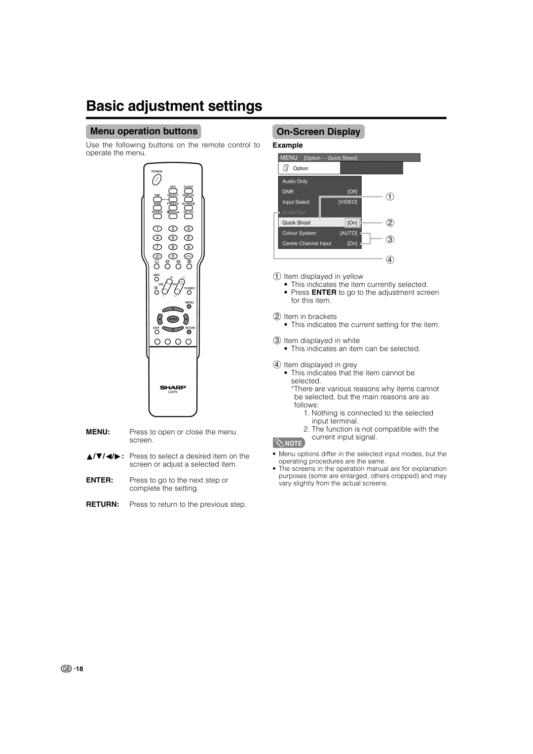 Sharp LC-32GA4X, LC-37GA4X operation manual Basic adjustment settings, Menu operation buttons, On-Screen Display, Example 