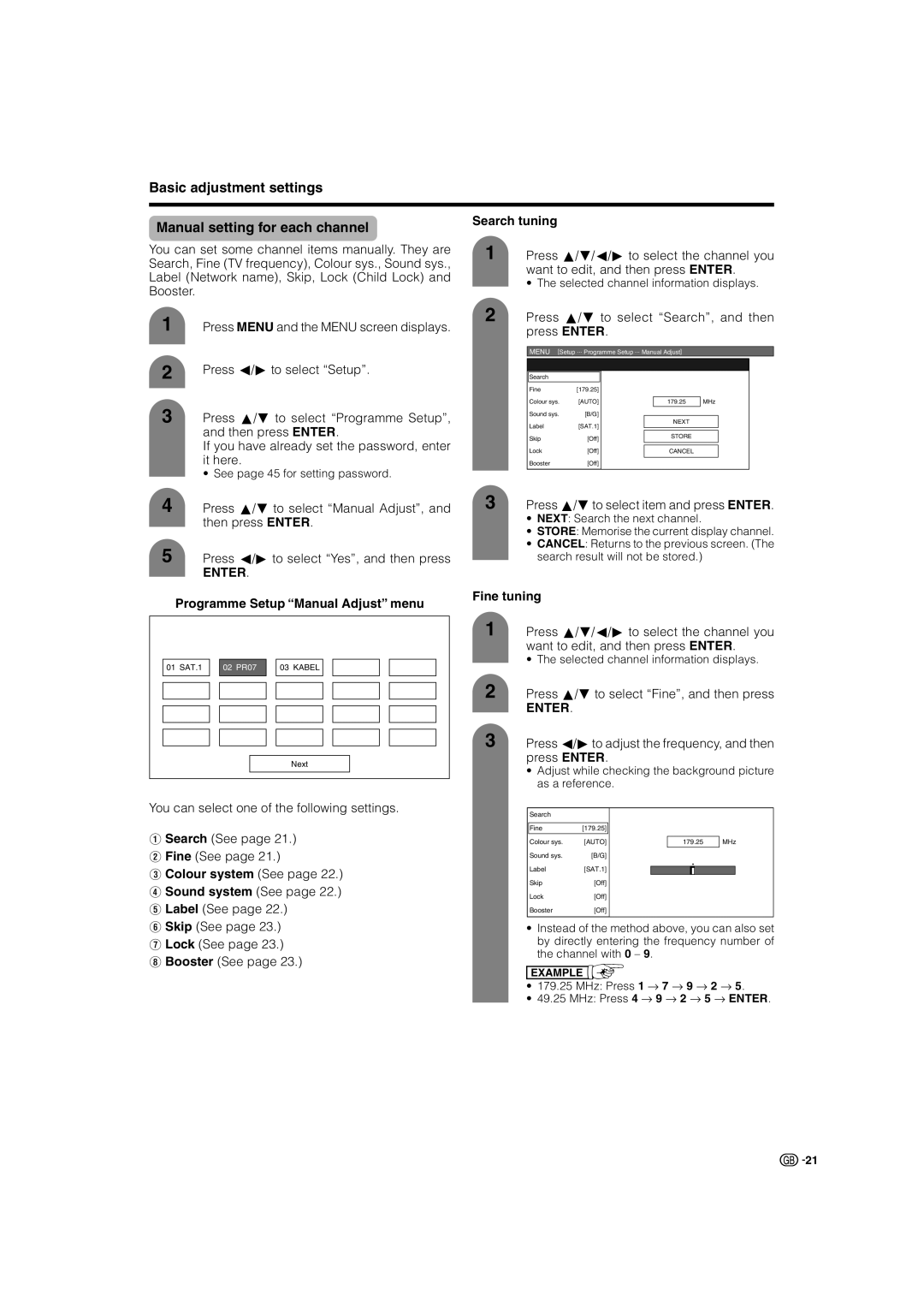 Sharp LC-37GA4X Basic adjustment settings Manual setting for each channel, Search tuning, Fine tuning, Colour system See 