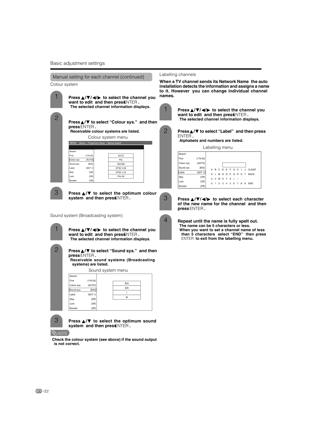 Sharp LC-32GA4X, LC-37GA4X Labelling channels, Colour system menu, Labelling menu, Sound system Broadcasting system 