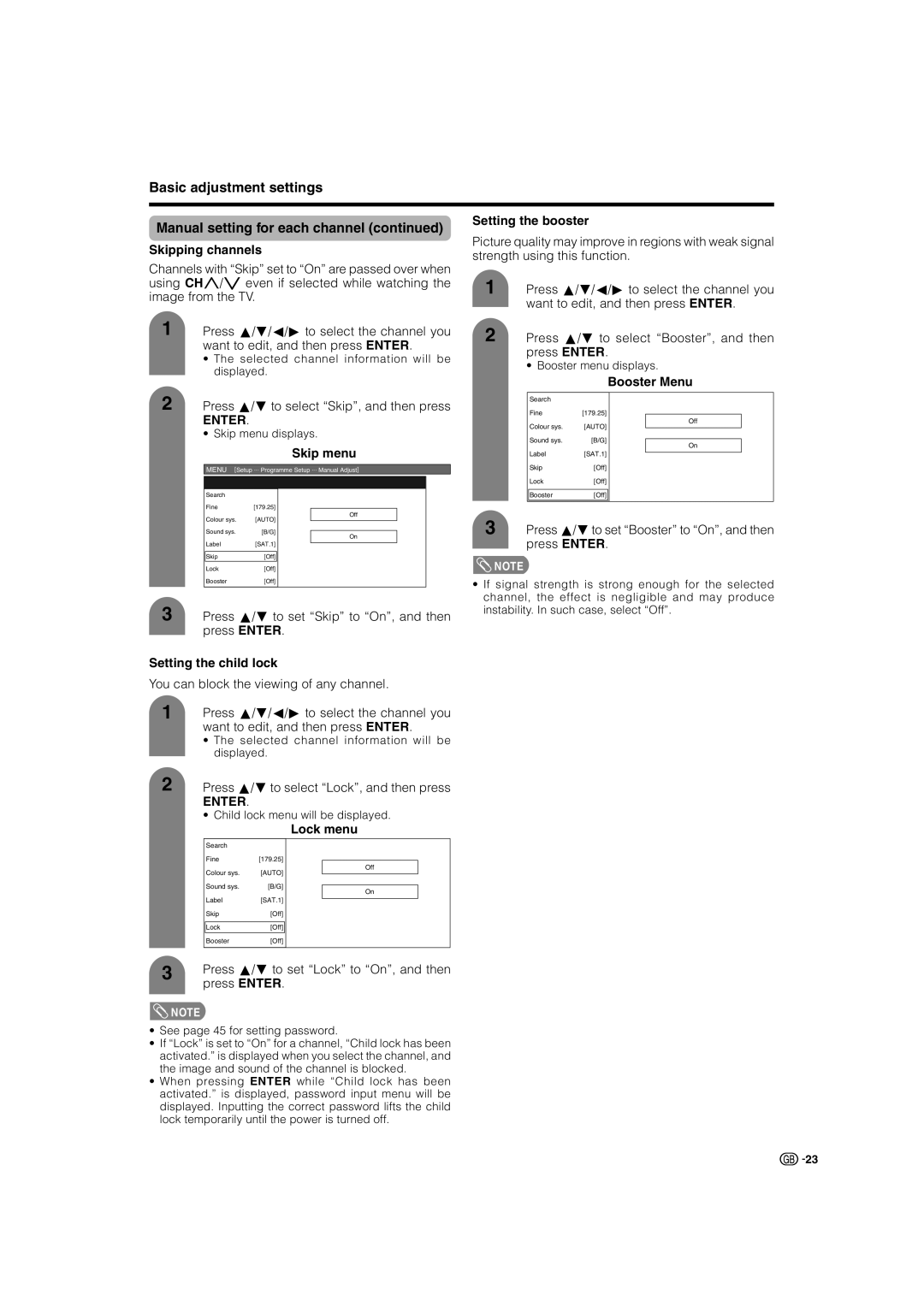 Sharp LC-37GA4X Skipping channels, Setting the booster, Booster Menu, Skip menu, Setting the child lock, Lock menu 