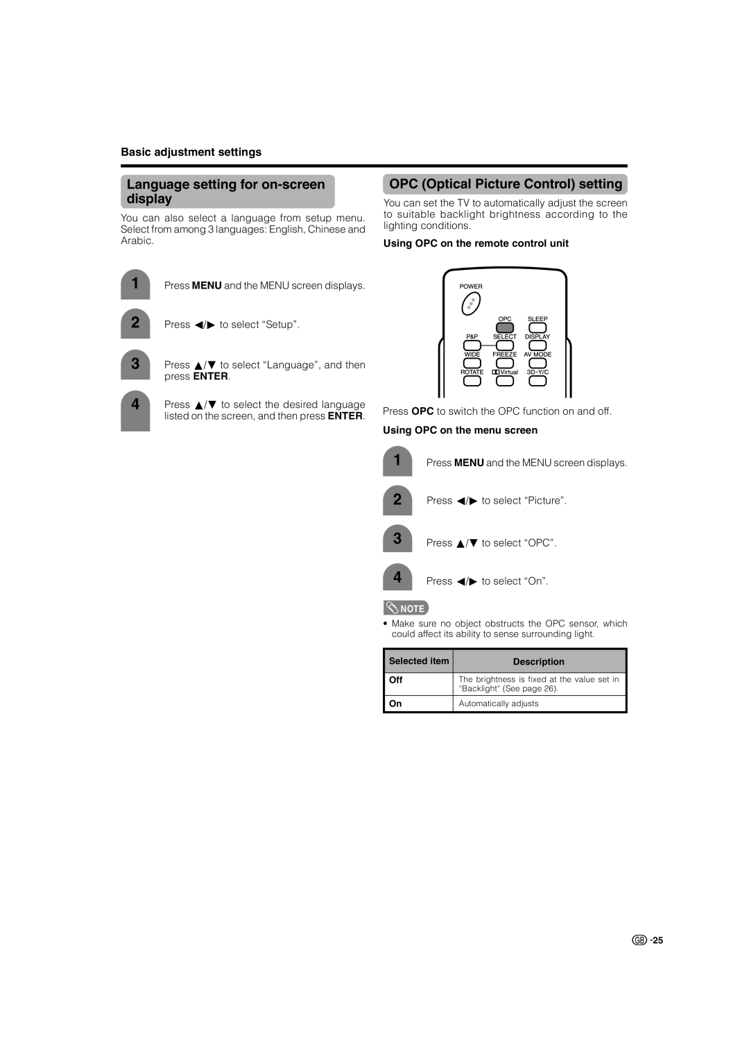 Sharp LC-37GA4X Language setting for on-screen display, OPC Optical Picture Control setting, Using OPC on the menu screen 