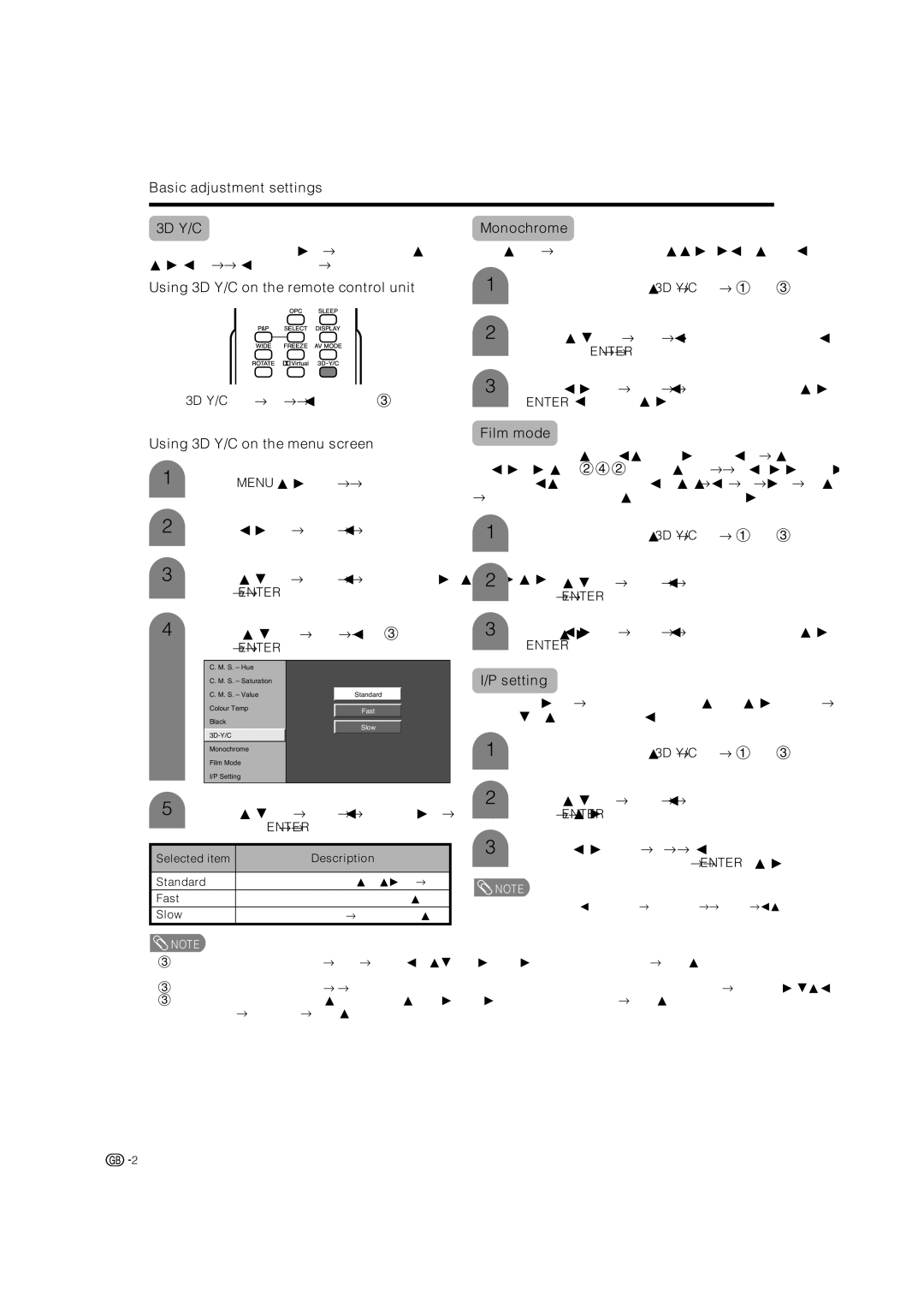 Sharp LC-32GA4X Basic adjustment settings 3D-Y/C Monochrome, Using 3D-Y/C on the remote control unit, Film mode, Setting 