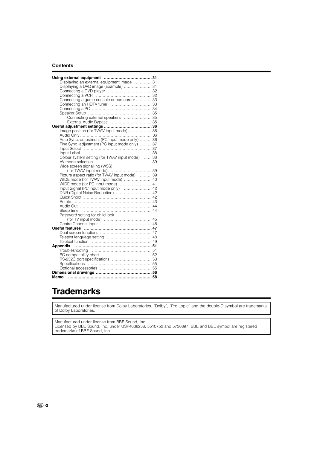 Sharp LC-32GA4X, LC-37GA4X operation manual Trademarks, Contents 