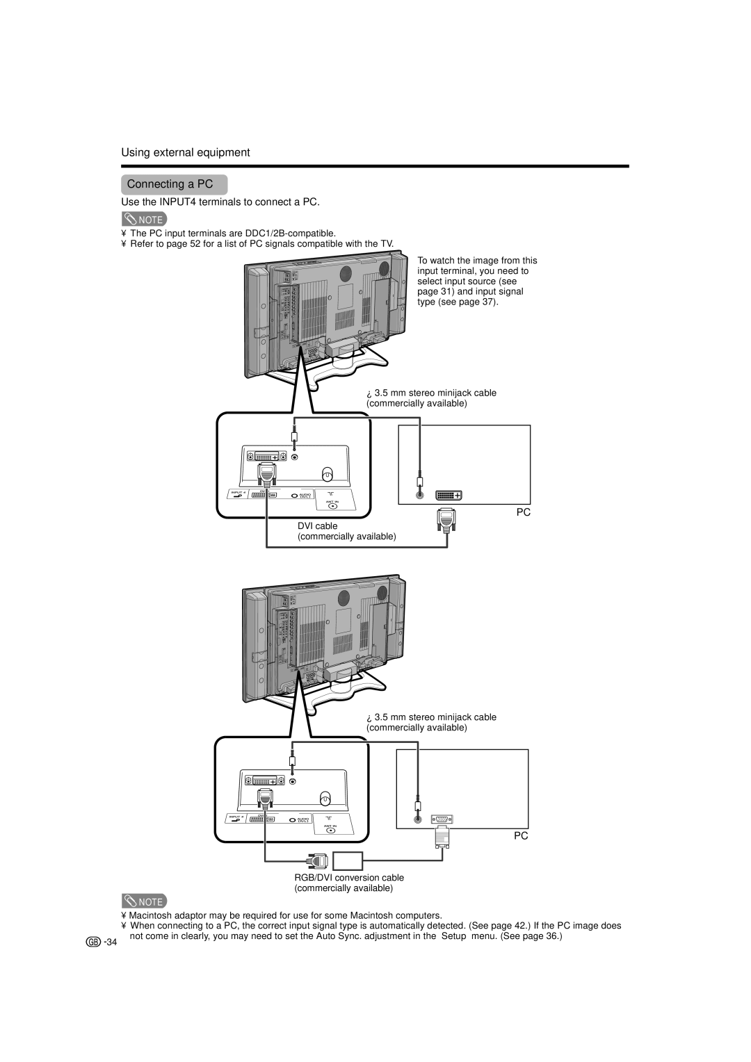 Sharp LC-32GA4X, LC-37GA4X Using external equipment Connecting a PC, Use the INPUT4 terminals to connect a PC 