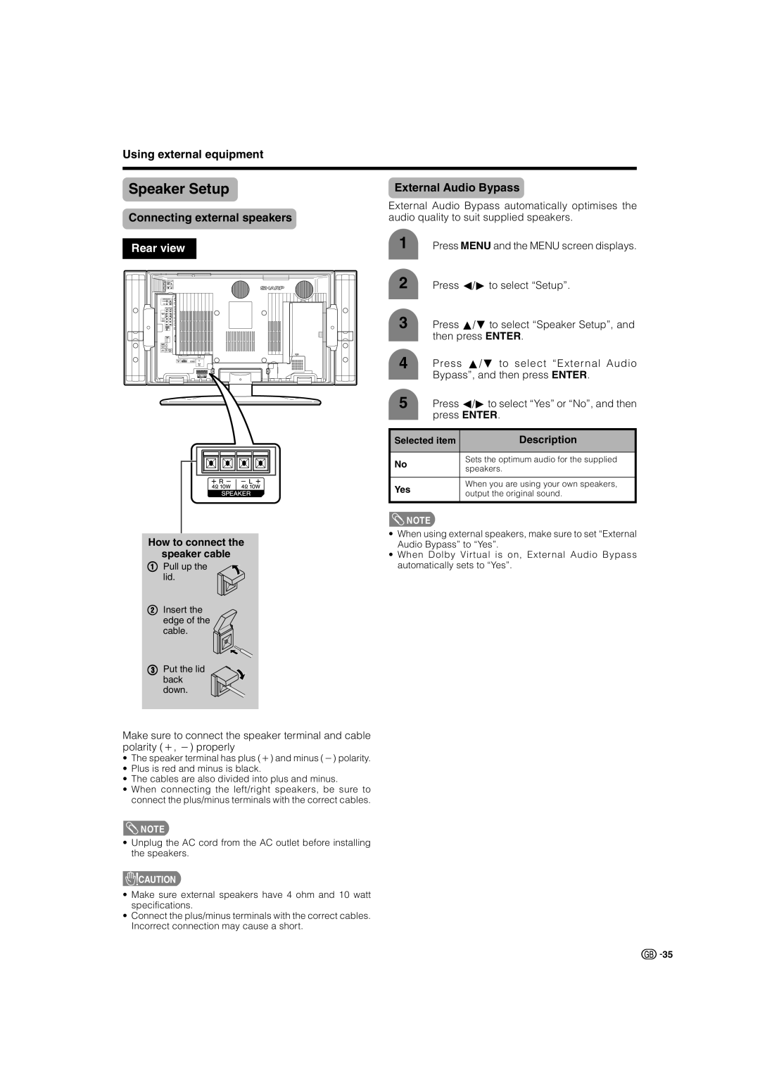 Sharp LC-37GA4X, LC-32GA4X Using external equipment, Connecting external speakers, External Audio Bypass, Description 