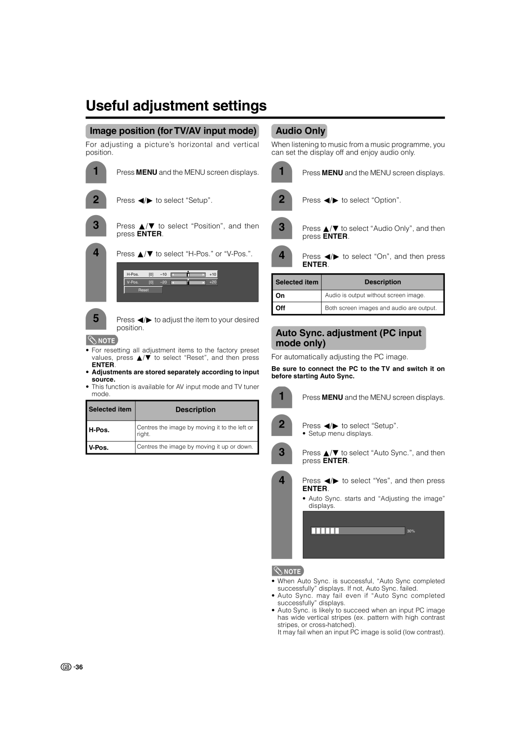 Sharp LC-32GA4X, LC-37GA4X operation manual Useful adjustment settings, Image position for TV/AV input mode, Audio Only 