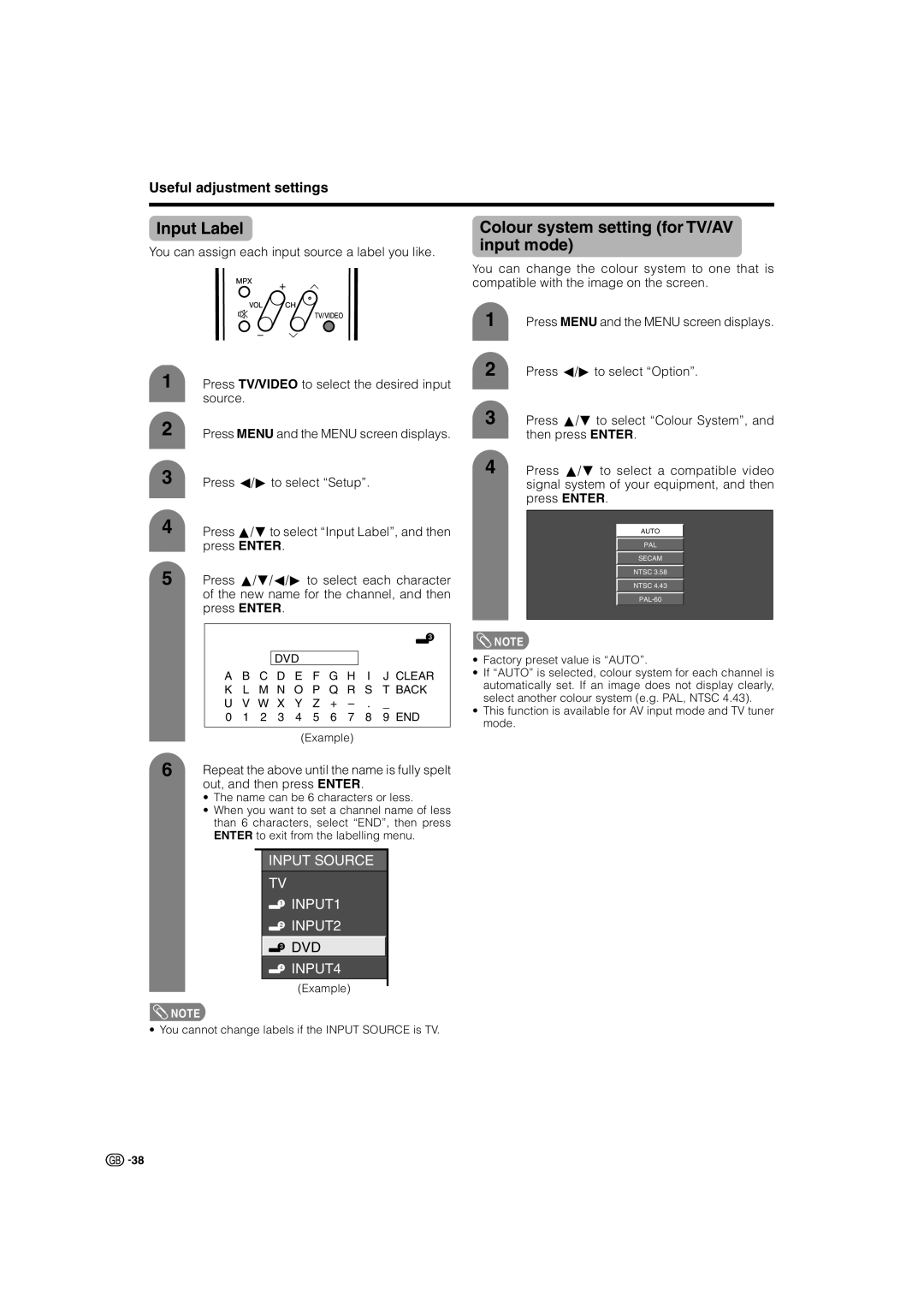 Sharp LC-32GA4X Input Label, Colour system setting for TV/AV input mode, Repeat the above until the name is fully spelt 