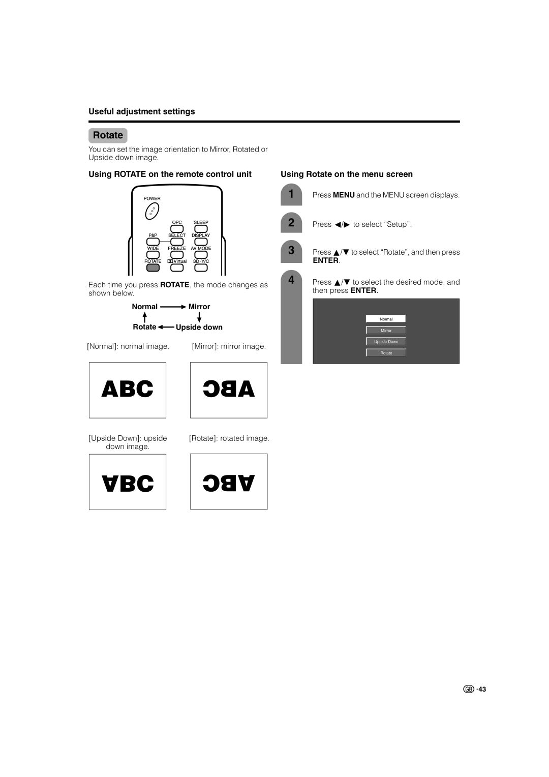 Sharp LC-37GA4X, LC-32GA4X operation manual Using Rotate on the remote control unit, Using Rotate on the menu screen 