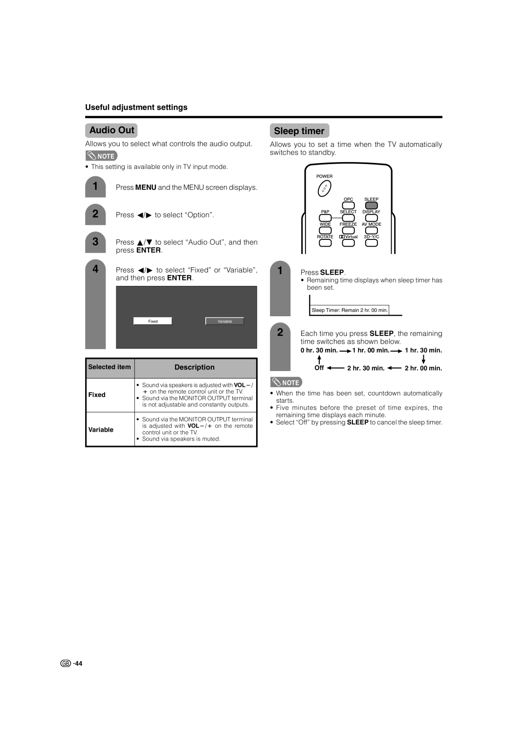 Sharp LC-32GA4X Audio Out, Sleep timer, Allows you to select what controls the audio output, Time switches as shown below 