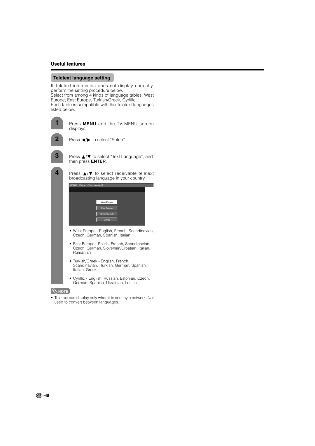 Sharp LC-32GA4X, LC-37GA4X operation manual Useful features Teletext language setting 