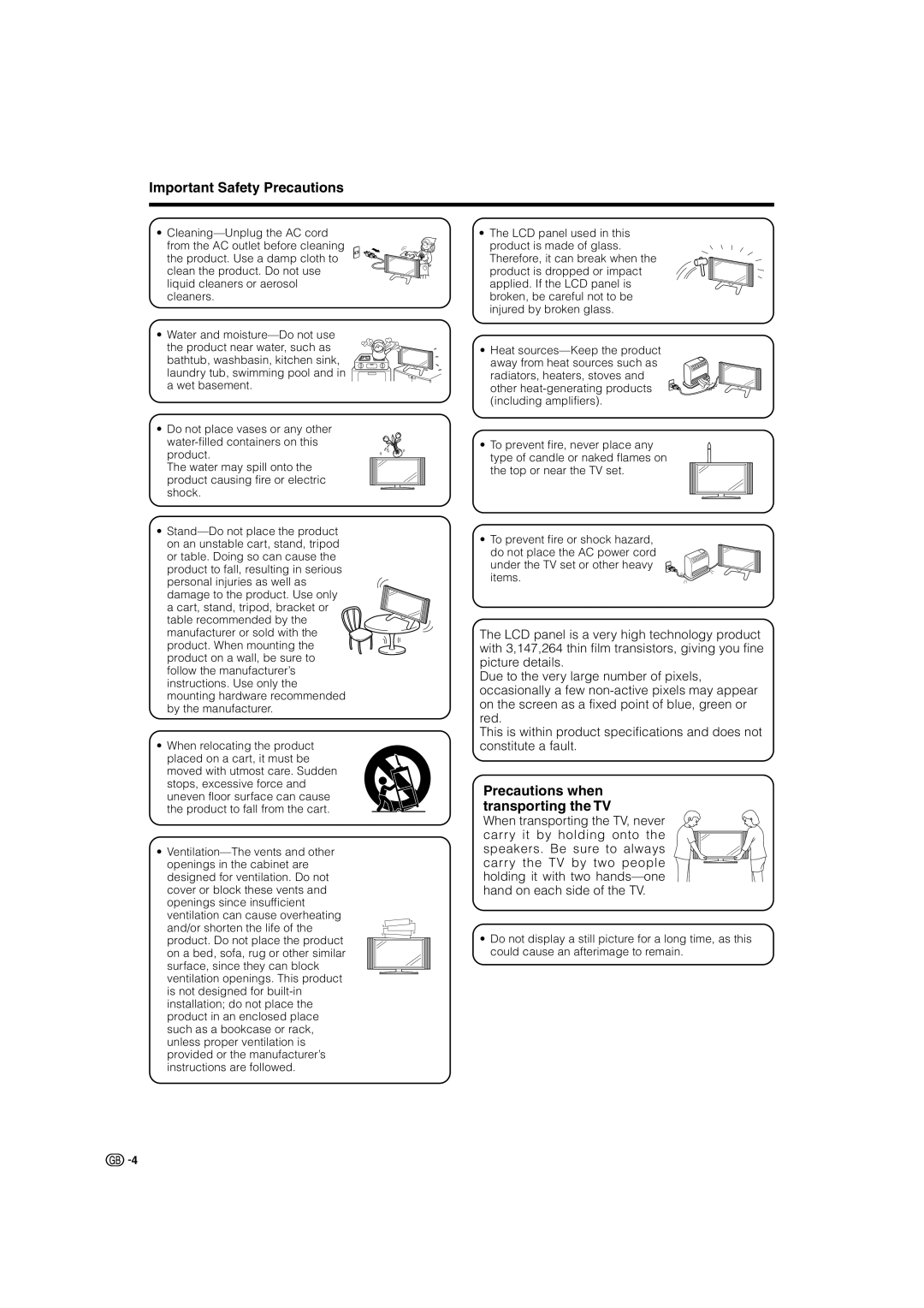 Sharp LC-32GA4X, LC-37GA4X operation manual Important Safety Precautions, Precautions when transporting the TV 