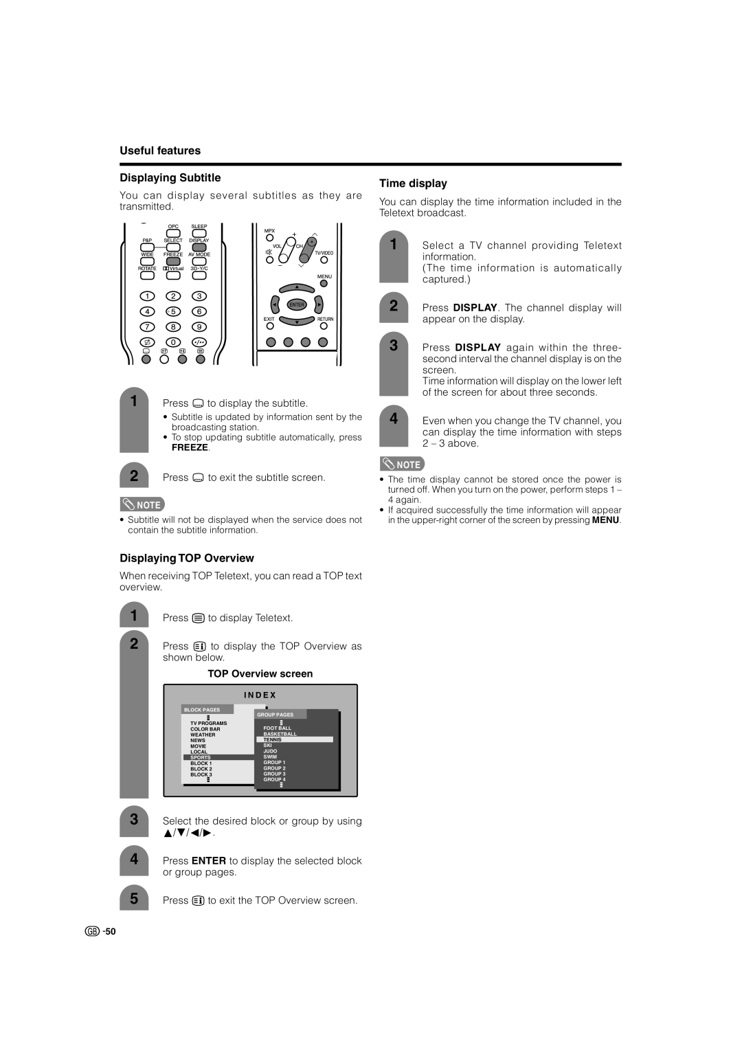 Sharp LC-32GA4X, LC-37GA4X Useful features Displaying Subtitle, Time display, Displaying TOP Overview, TOP Overview screen 