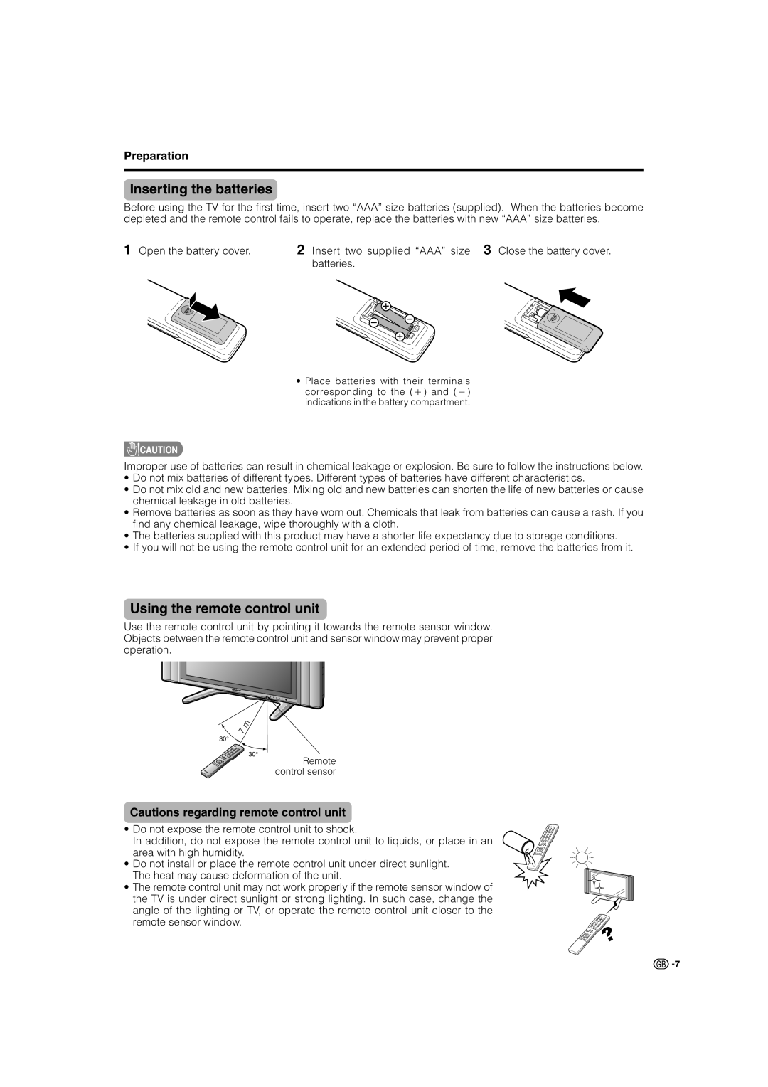 Sharp LC-37GA4X, LC-32GA4X operation manual Inserting the batteries, Using the remote control unit, Preparation 