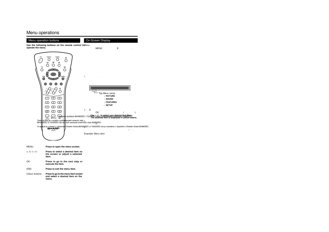 Sharp LC-32GA5E, LC-37GA5E, LC-26GA5E operation manual Menu operations, Menu operation buttons, On-Screen Display 