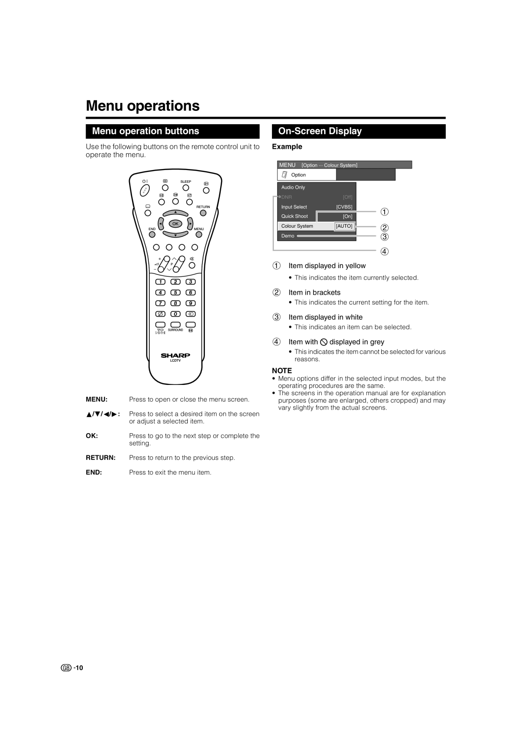 Sharp LC-37GA8E, LC-37BV8E, LC-32GA8E, LC-32BV8E Menu operations, Menu operation buttons, On-Screen Display, Example 