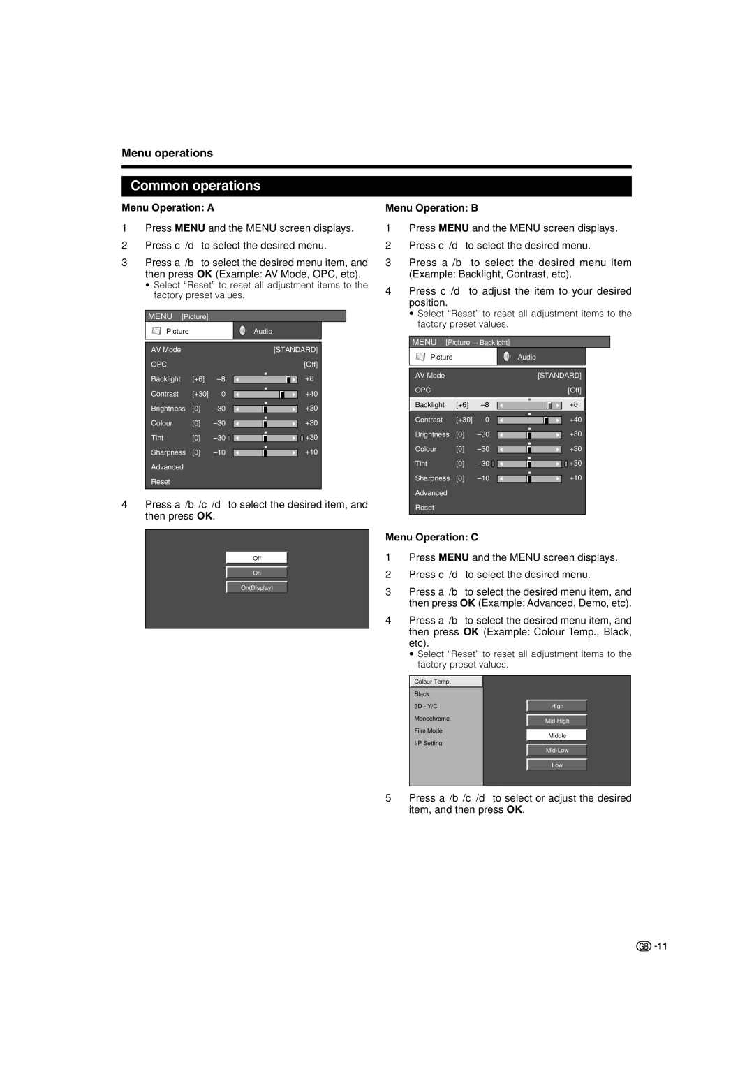 Sharp LC-37BV8E, LC-37GA8E Common operations, Menu operations, Menu Operation a, Menu Operation B, Menu Operation C 