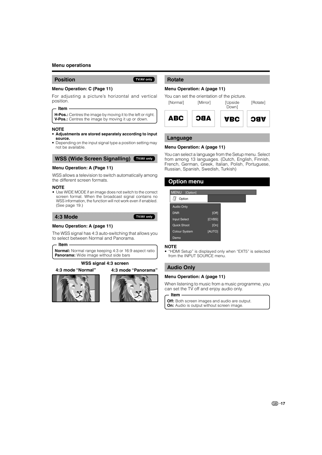 Sharp LC-32BV8E, LC-37GA8E, LC-37BV8E, LC-32GA8E operation manual Option menu, Position, Mode 