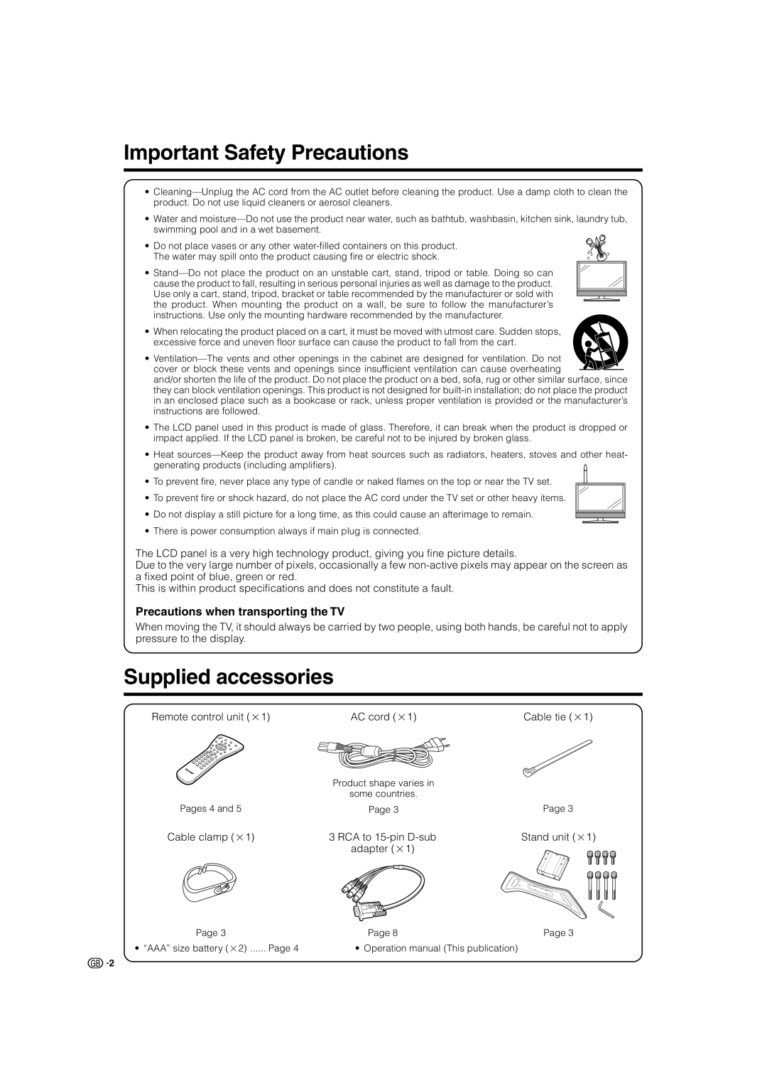 Sharp LC-37GA8E, LC-37BV8E Important Safety Precautions, Supplied accessories, Precautions when transporting the TV 