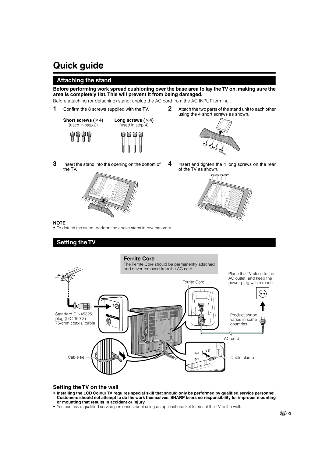 Sharp LC-37BV8E, LC-37GA8E, LC-32GA8E Quick guide, Attaching the stand, Ferrite Core, Setting the TV on the wall 