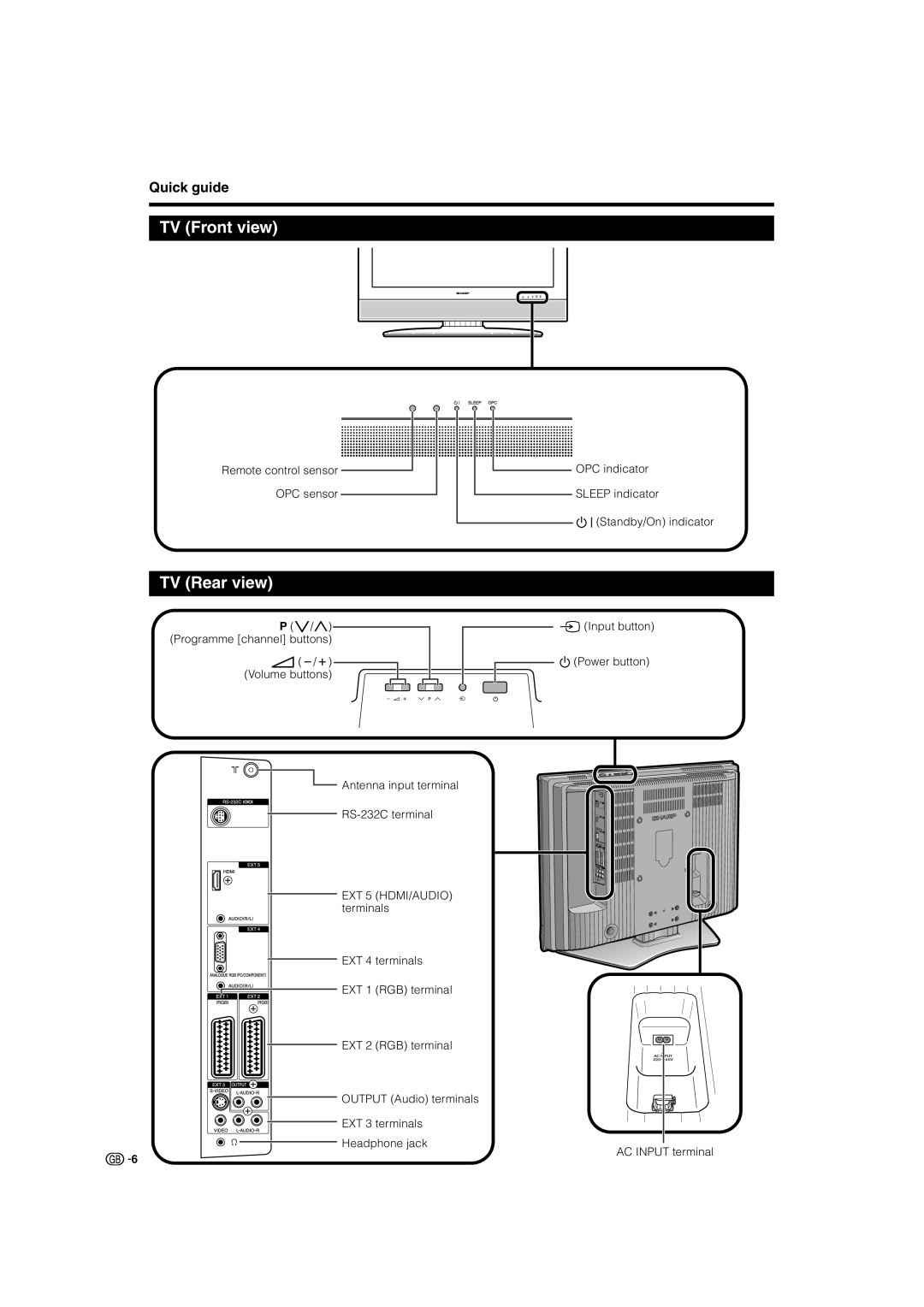 Sharp LC-37GA8E, LC-37BV8E, LC-32GA8E, LC-32BV8E operation manual TV Front view, TV Rear view 