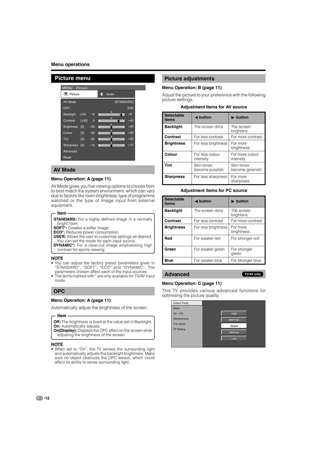 Sharp LC-32GA8E Picture menu, Picture adjustments, AV Mode, Advanced, Menu Operation B page, Menu Operation A page 