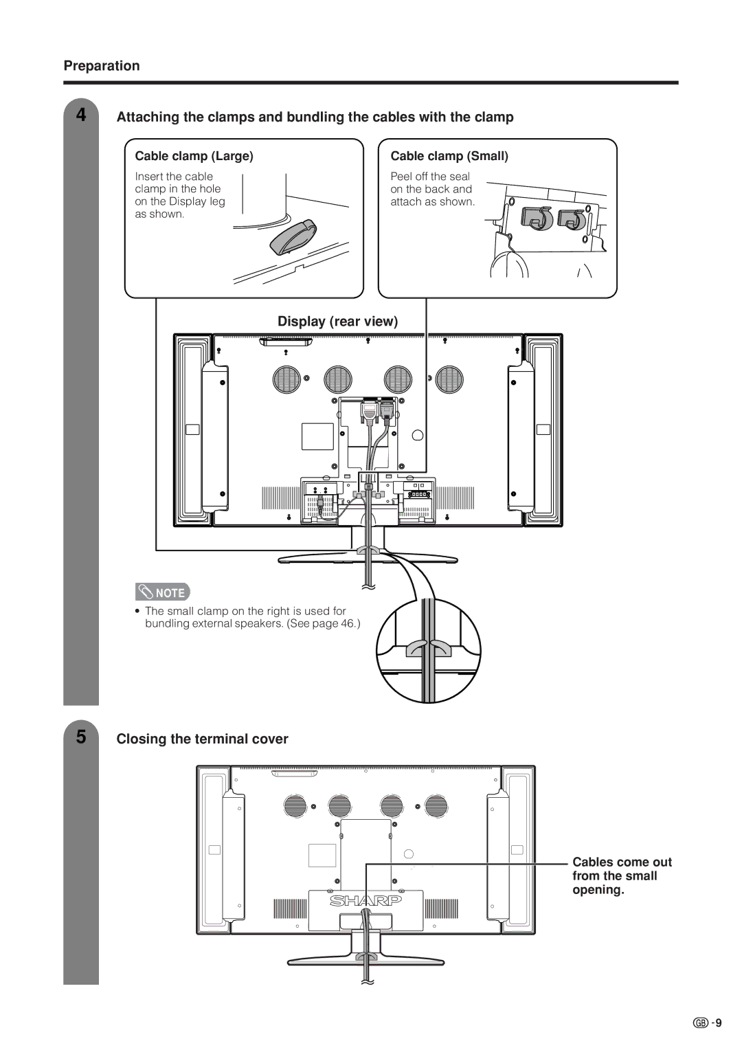 Sharp LC-37HV4M Closing the terminal cover, Cable clamp Large, Cable clamp Small, Cables come out from the small opening 