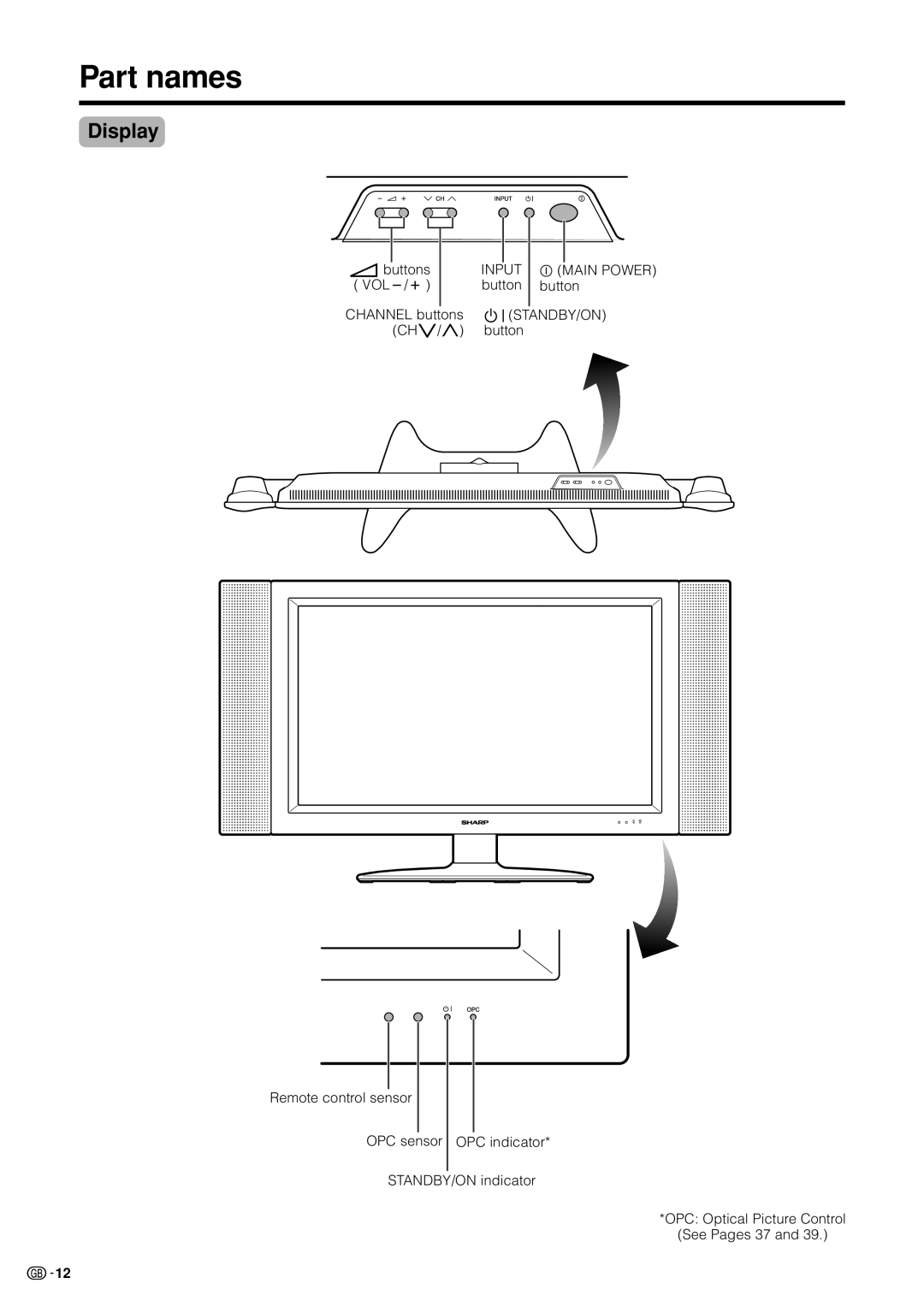 Sharp LC-37HV4M operation manual Part names, Display 