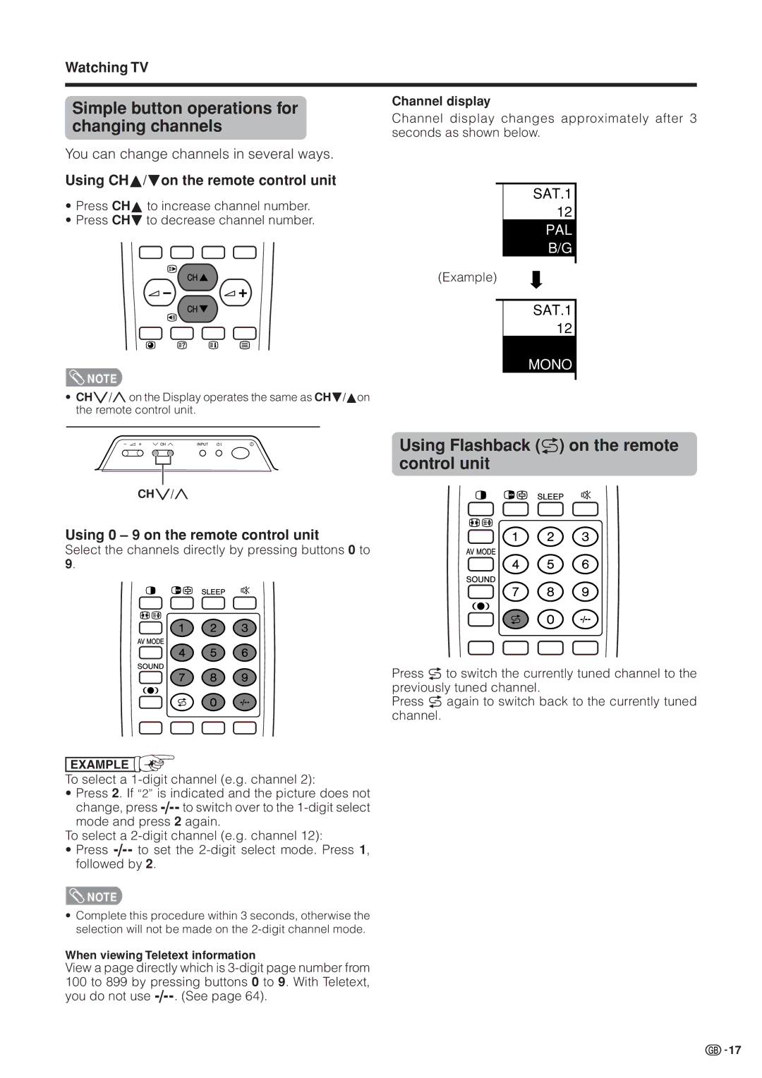 Sharp LC-37HV4M Simple button operations for changing channels, Using Flashback a on the remote control unit 