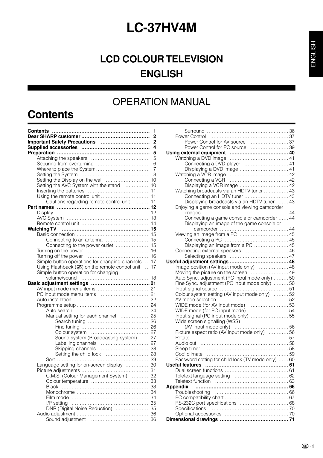 Sharp LC-37HV4M operation manual Contents 