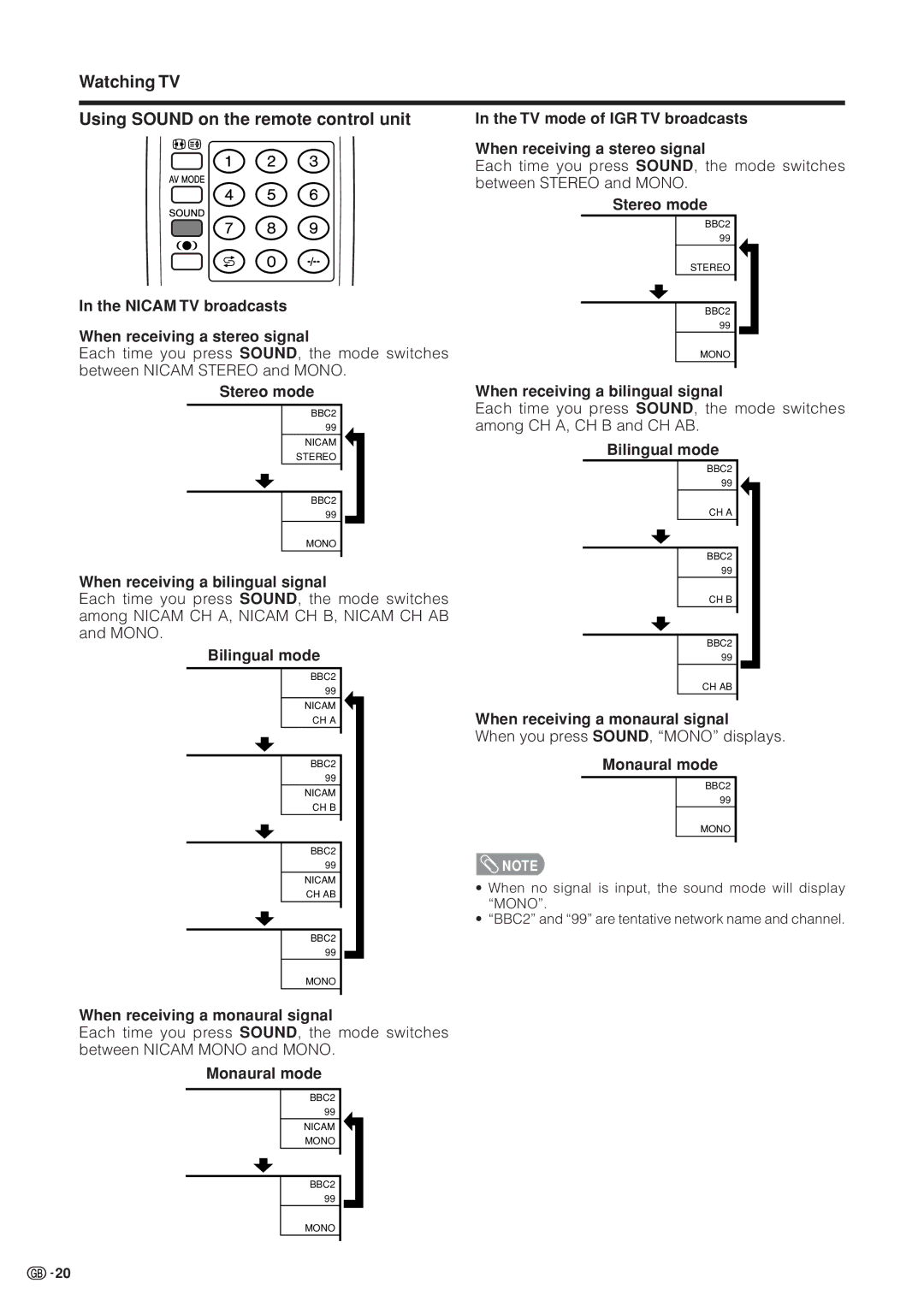 Sharp LC-37HV4M operation manual Watching TV Using Sound on the remote control unit 