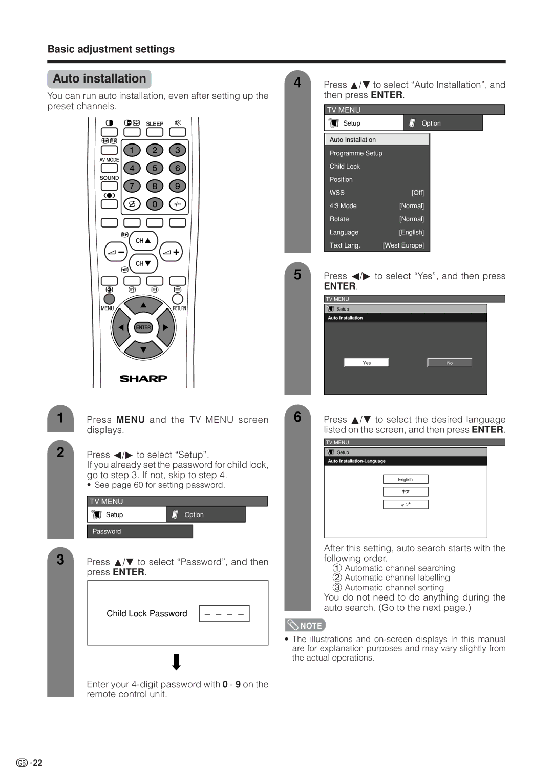 Sharp LC-37HV4M Auto installation, Basic adjustment settings, Press a/bto select Password, and then press Enter 