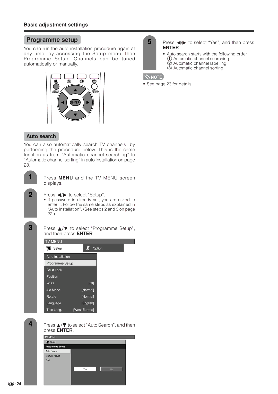 Sharp LC-37HV4M operation manual Programme setup, Auto search, Press a/b to select Programme Setup, and then press Enter 