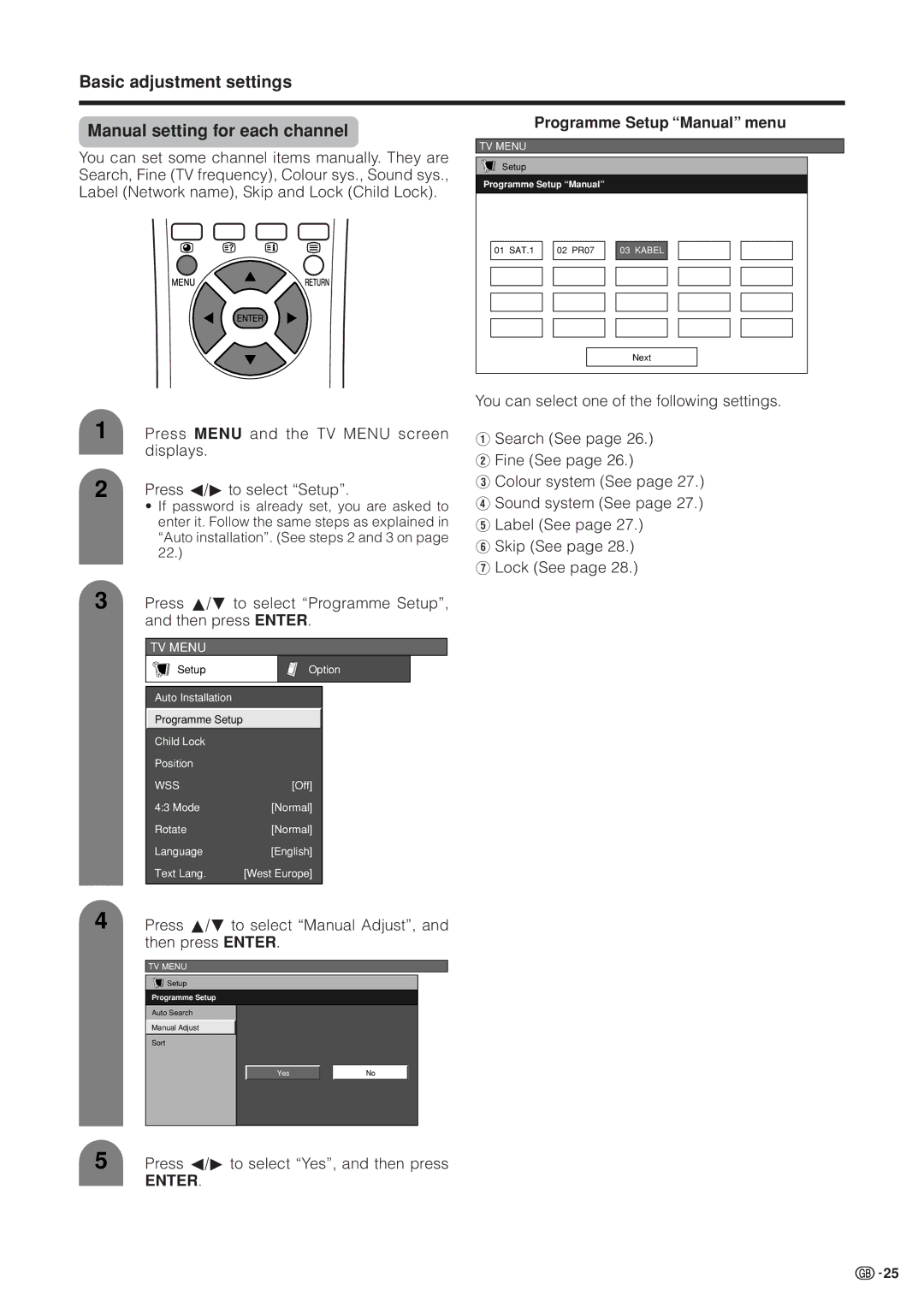 Sharp LC-37HV4M Basic adjustment settings Manual setting for each channel, Programme Setup Manual menu, Then press Enter 