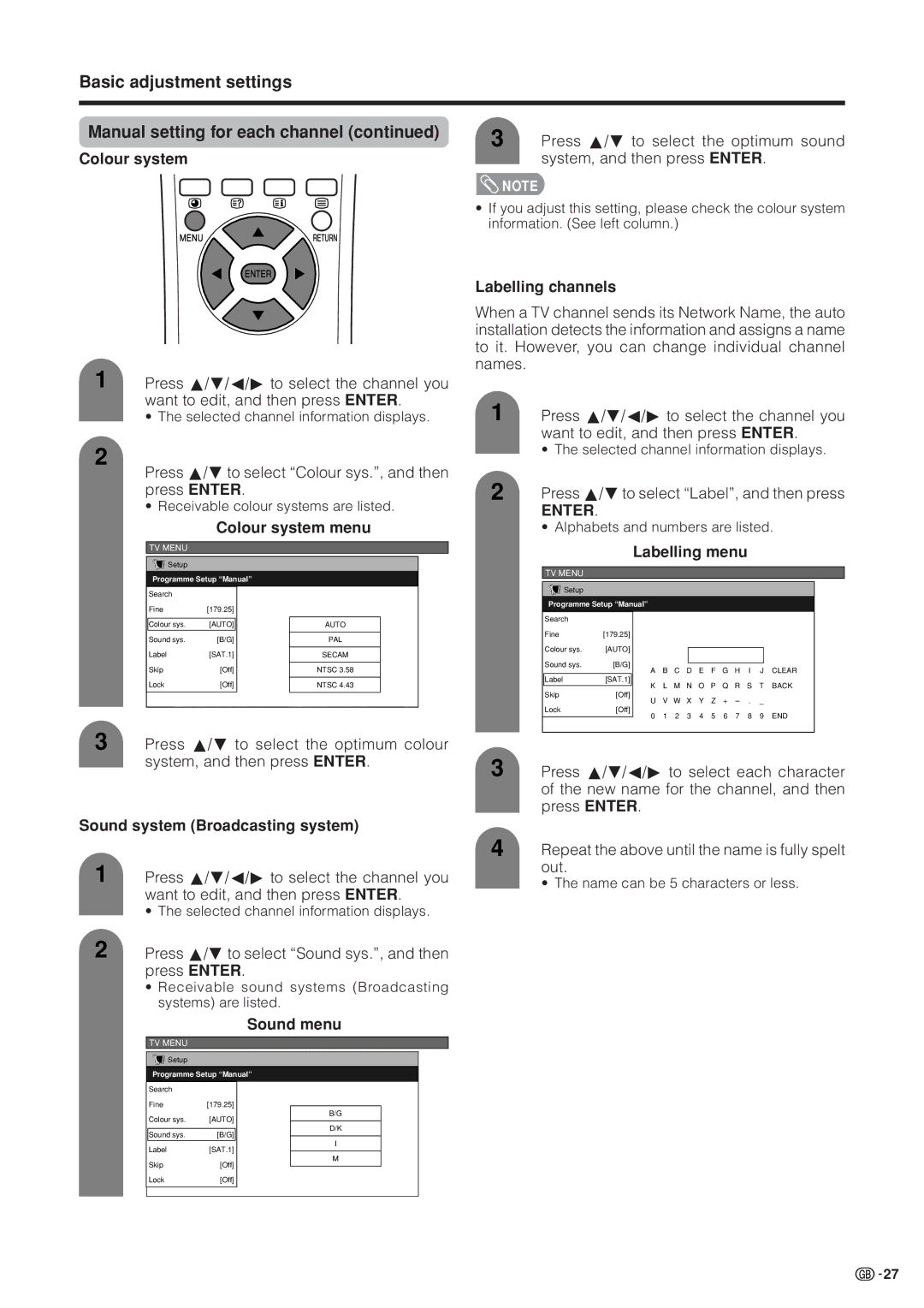 Sharp LC-37HV4M Labelling channels, Colour system menu, Labelling menu, Sound system Broadcasting system, Sound menu 