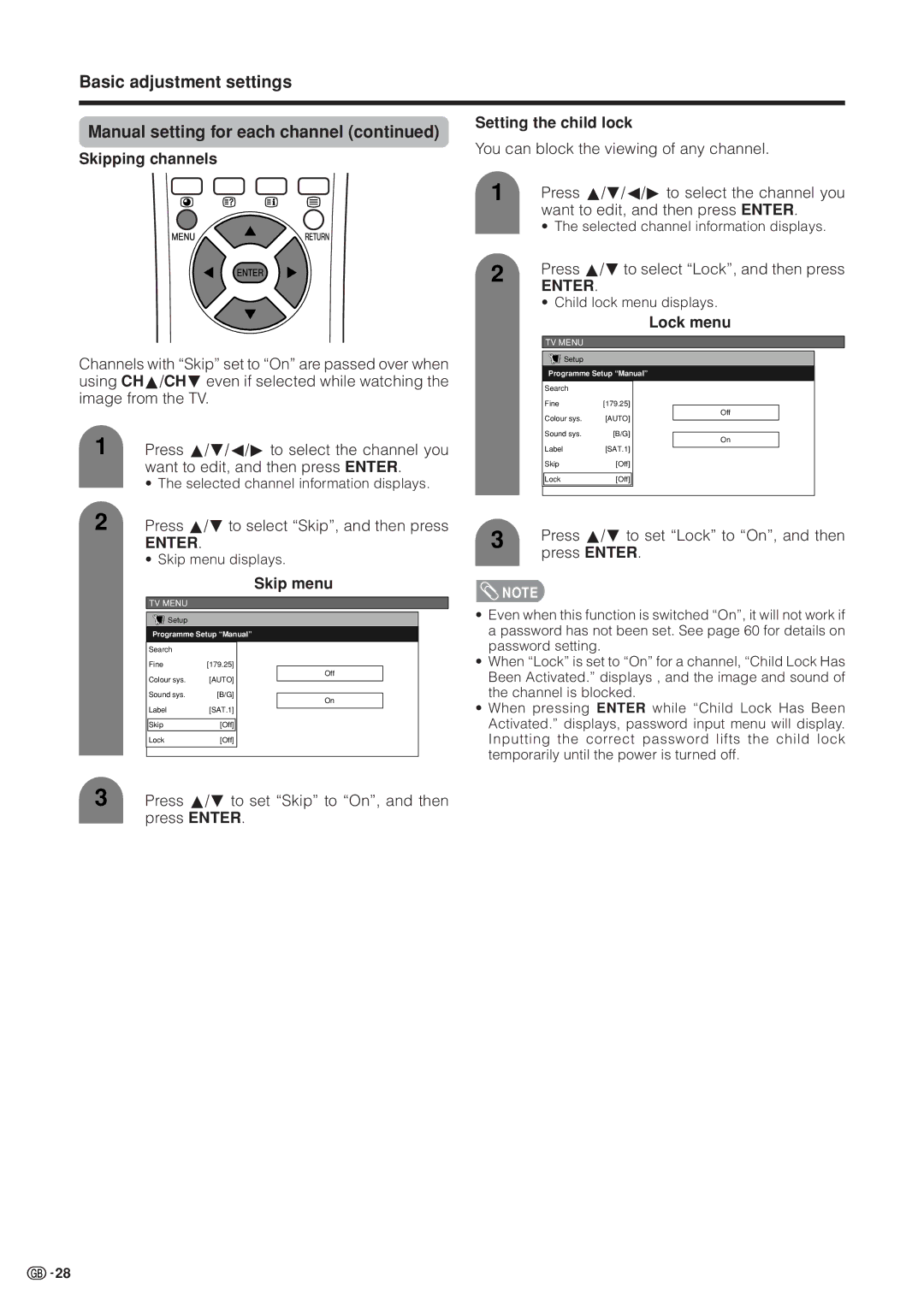 Sharp LC-37HV4M operation manual Skipping channels, Skip menu, Setting the child lock, Lock menu 