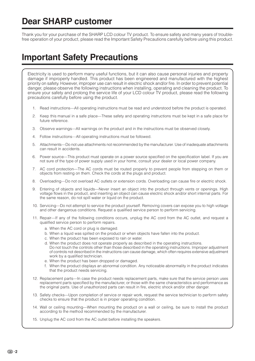 Sharp LC-37HV4M operation manual Dear Sharp customer, Important Safety Precautions 