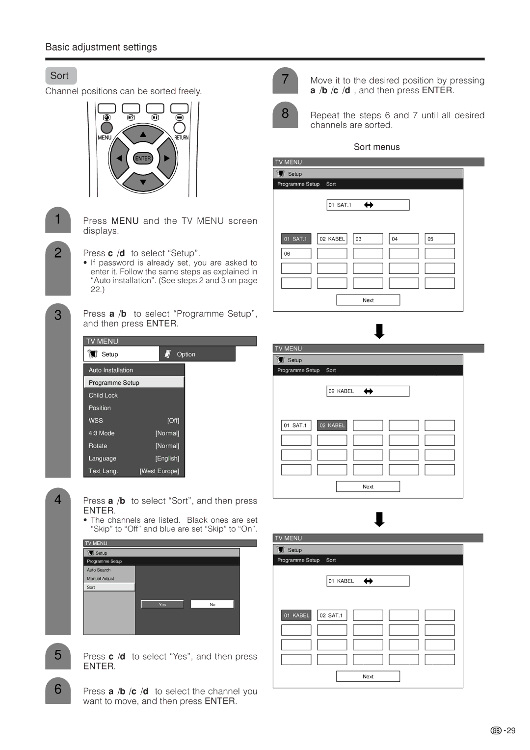 Sharp LC-37HV4M operation manual Basic adjustment settings Sort, Press a/ b to select Programme Setup, Sort menus 