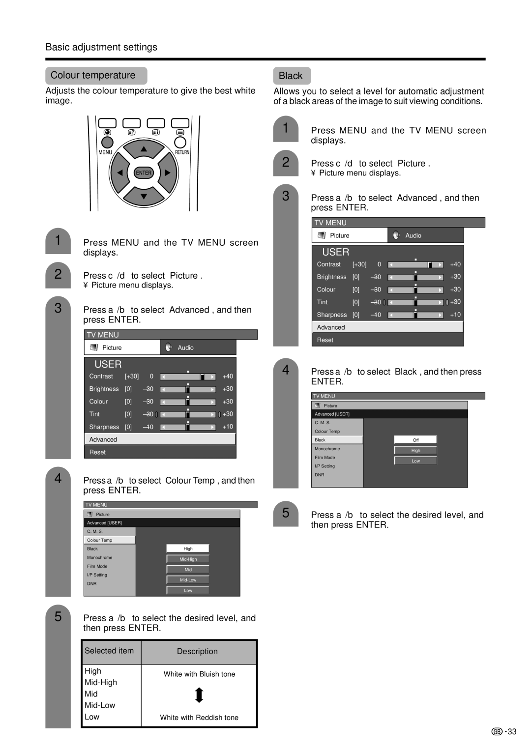 Sharp LC-37HV4M Basic adjustment settings Colour temperature Black, Press a/bto select Colour Temp, and then press Enter 
