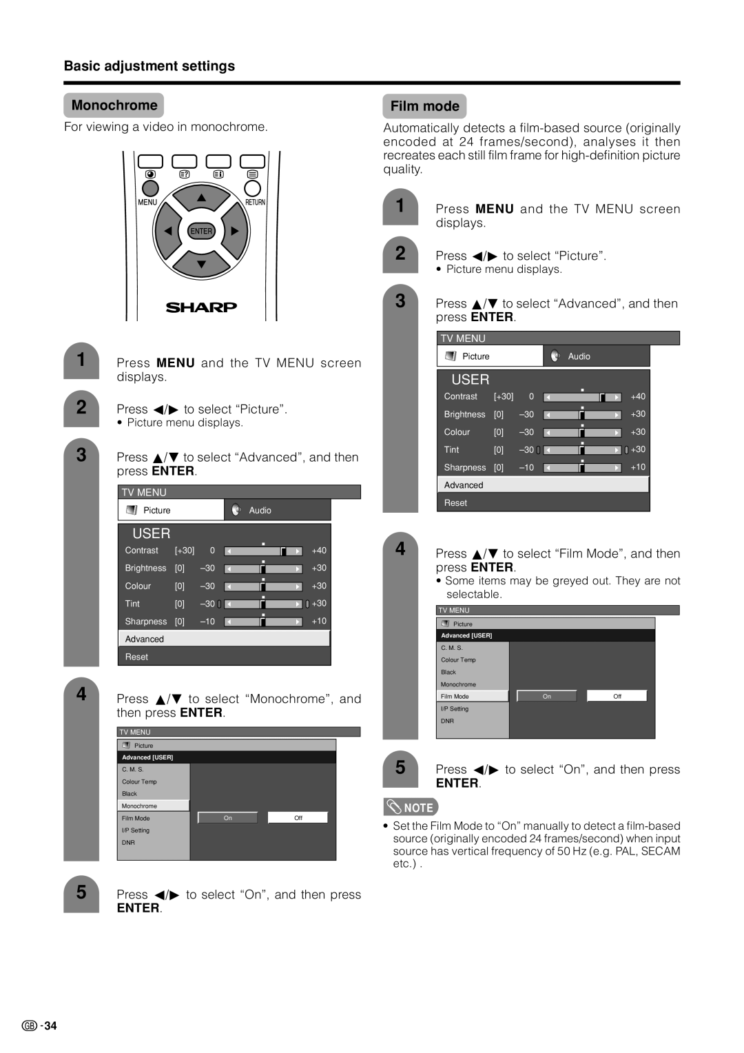 Sharp LC-37HV4M operation manual Basic adjustment settings Monochrome, Film mode 