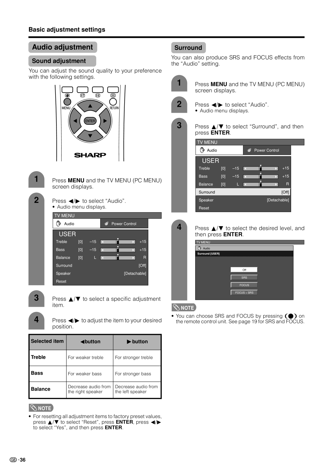 Sharp LC-37HV4M operation manual Audio adjustment, Sound adjustment, Surround 