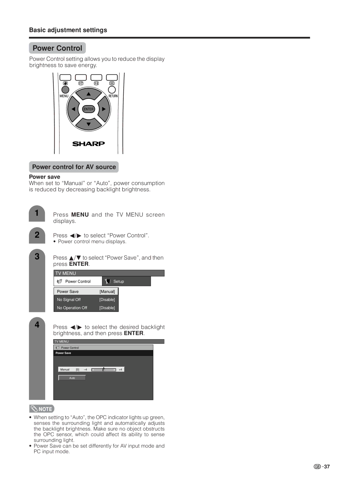 Sharp LC-37HV4M operation manual Power Control, Power control for AV source, Power save 