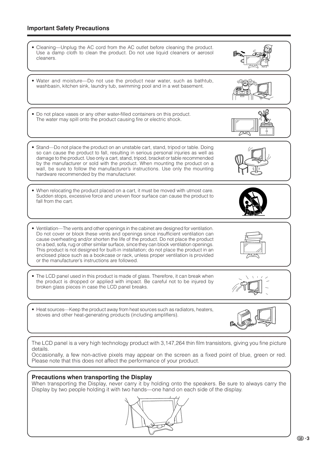 Sharp LC-37HV4M operation manual Important Safety Precautions, Precautions when transporting the Display 