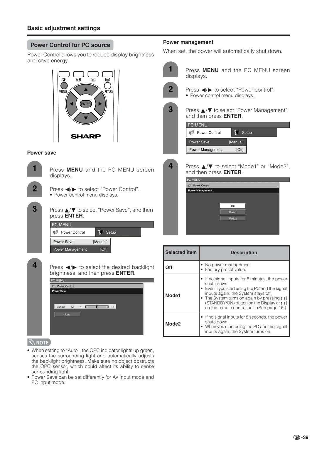 Sharp LC-37HV4M Basic adjustment settings Power Control for PC source, Press Menu and the PC Menu screen displays 