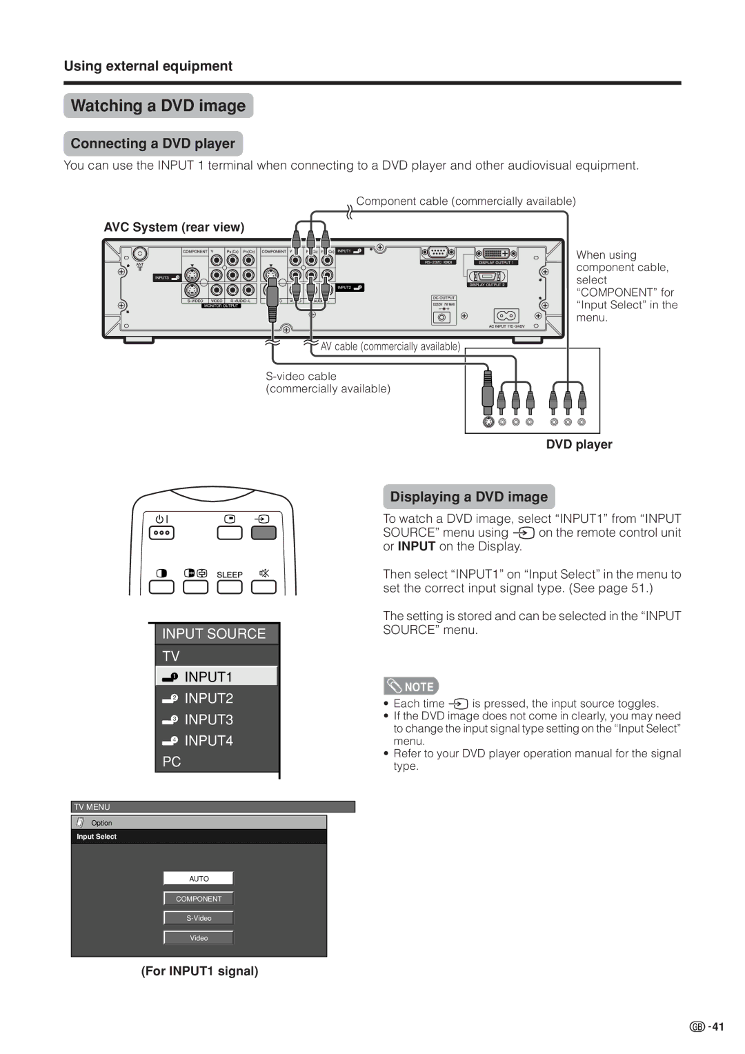 Sharp LC-37HV4M Watching a DVD image, Using external equipment, Connecting a DVD player, Displaying a DVD image 