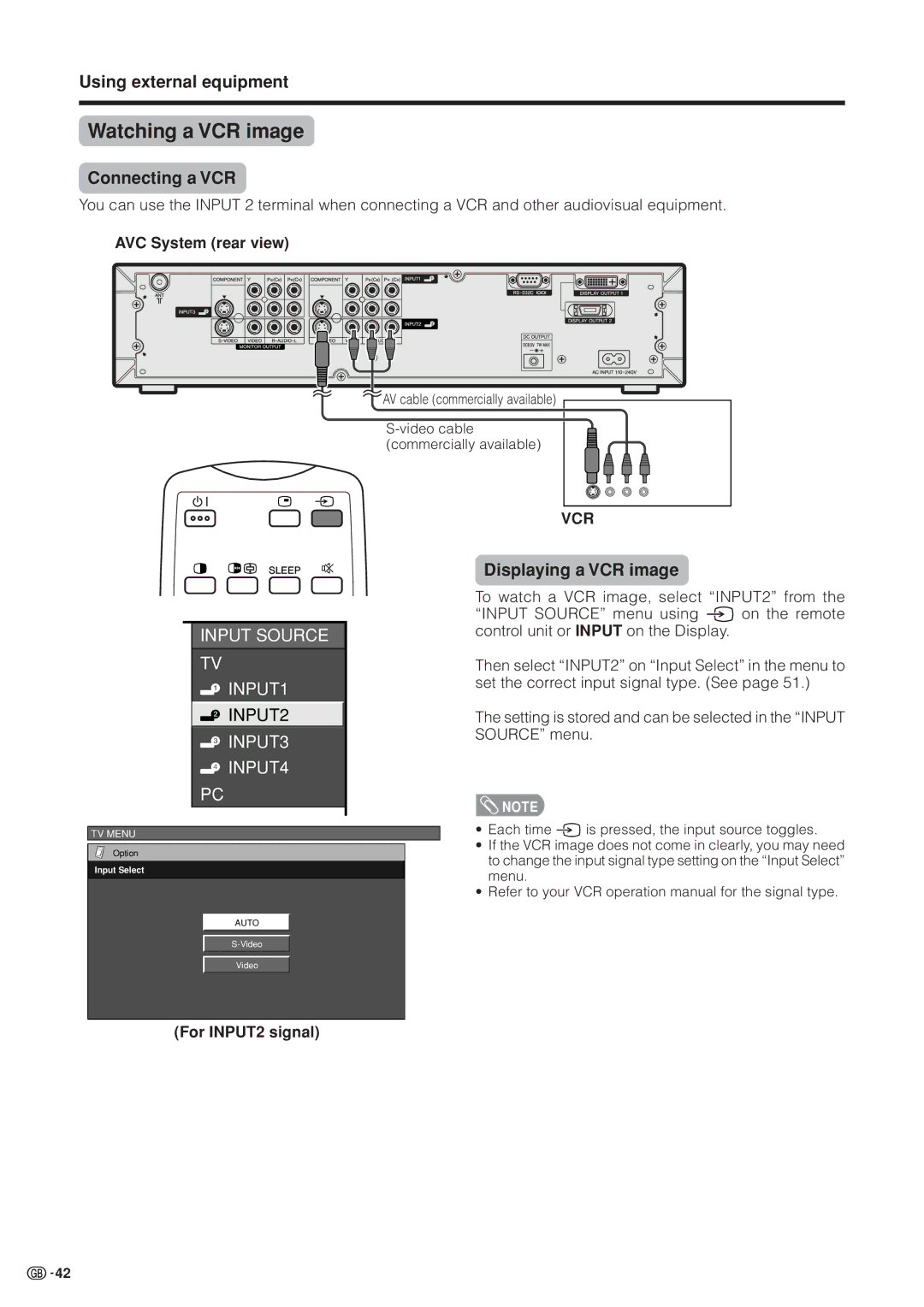 Sharp LC-37HV4M operation manual Watching a VCR image, Connecting a VCR, Displaying a VCR image, For INPUT2 signal 