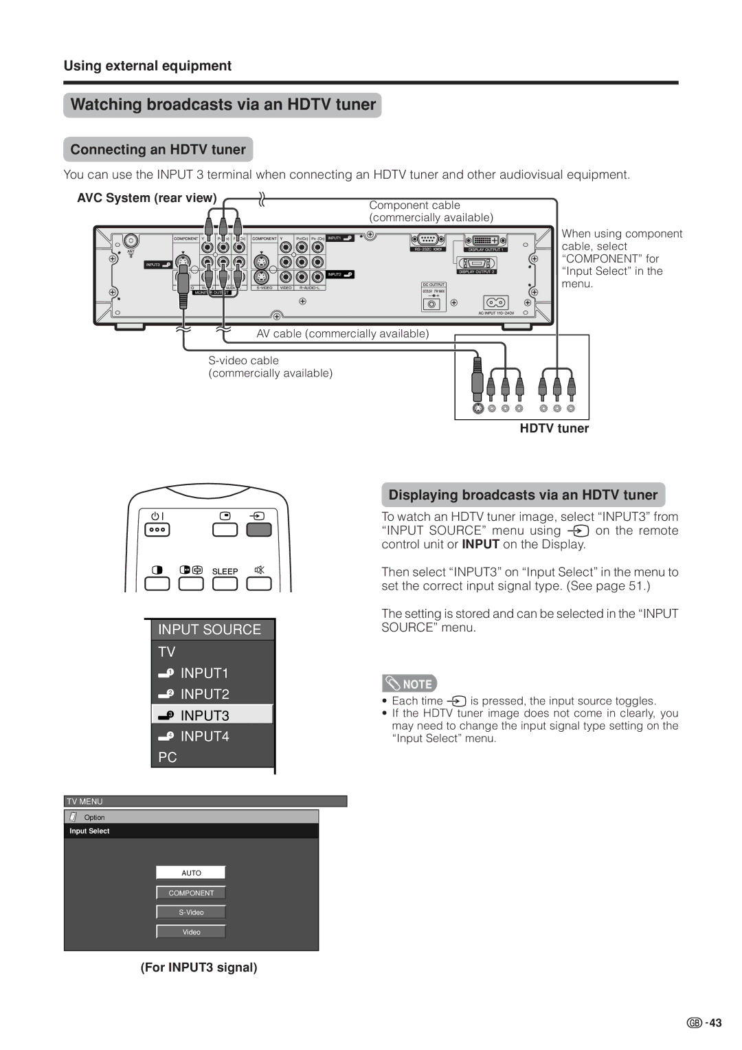 Sharp LC-37HV4M Watching broadcasts via an Hdtv tuner, Connecting an Hdtv tuner, Displaying broadcasts via an Hdtv tuner 